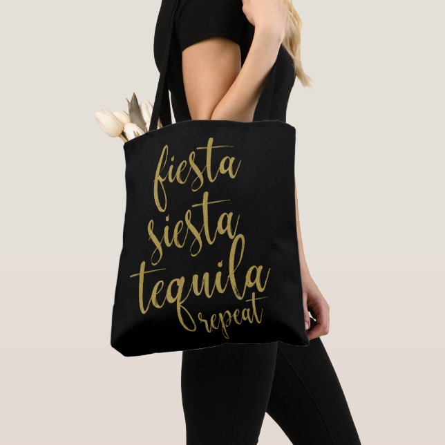 Fiesta Siesta Tequila Repeat Glitter Bachelorette Tote Bag (Close Up)