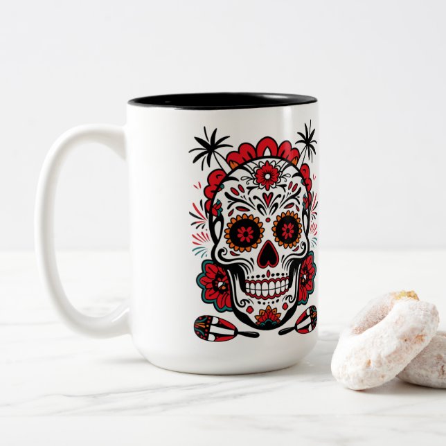 Fiesta Skull Vibes Two-Tone Coffee Mug (With Donut)