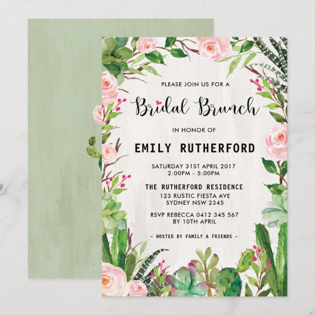 Fiesta Succulent Boho Bridal Brunch Invitation (Front/Back)