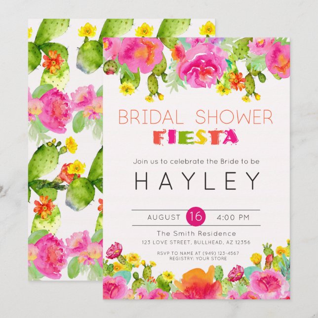 Fiesta Succulent Floral Watercolor Bridal Shower Invitation (Front/Back)