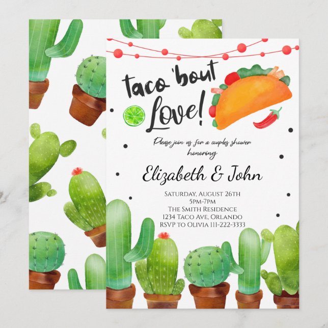 Fiesta Taco Bout Love Watercolor Cactus Invitation (Front/Back)