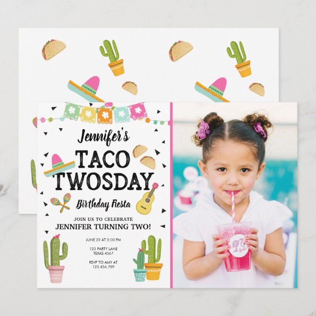Fiesta Taco Twosday Cactus Girl 2nd Birthday Party Invitation (Front/Back)