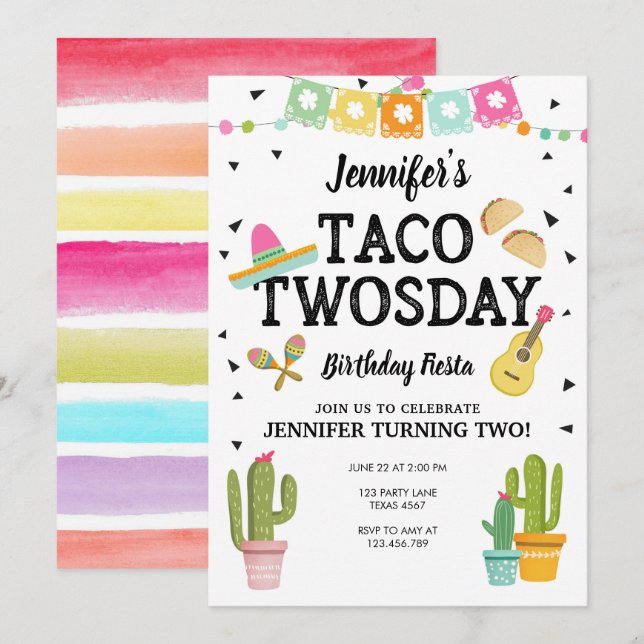 Fiesta Taco Twosday Cactus Girl 2nd Birthday Party Invitation (Front/Back)
