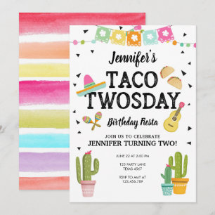Fiesta Taco Twosday Cactus Girl 2nd Birthday Party Invitation