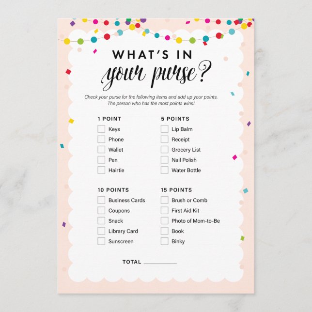 Fiesta theme what's in your purse baby shower game program (Front)