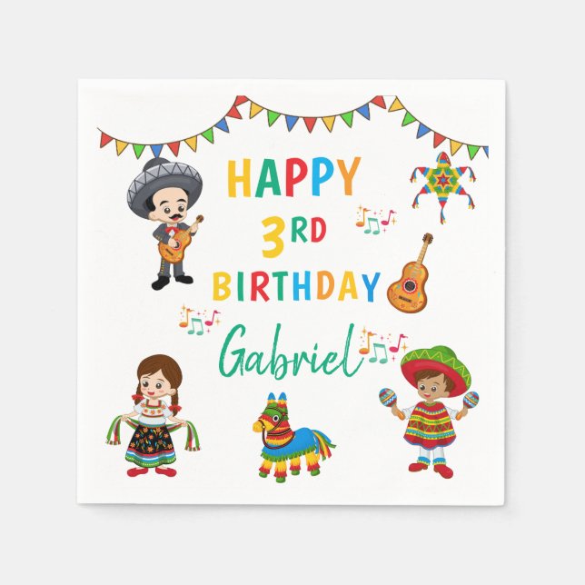 Fiesta, three-esta kids birthday party napkins (Front)
