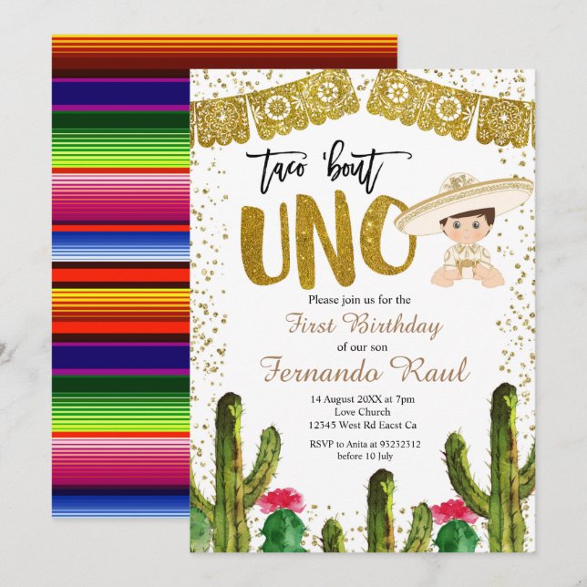 Fiesta Uno Gold Charro Boy  Invitation (Front/Back)