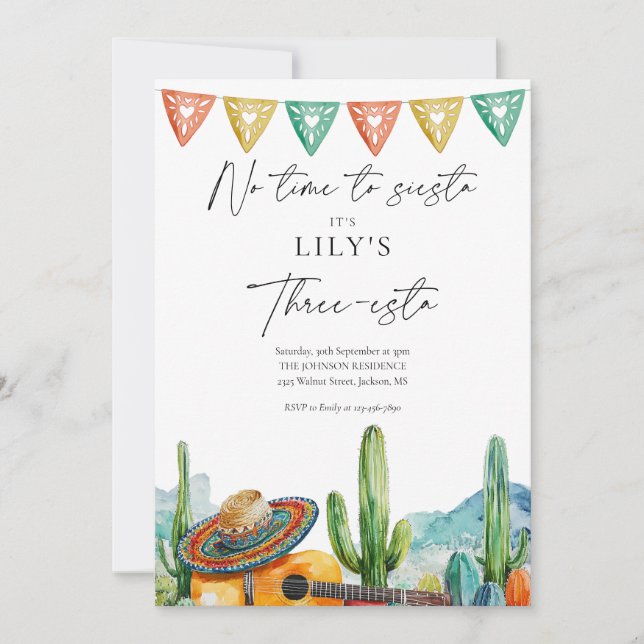 Fiesta Watercolor Cactus Three-esta 3rd Birthday Invitation (Front)
