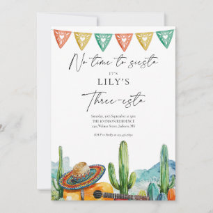 Fiesta Watercolor Cactus Three-esta 3rd Birthday Invitation