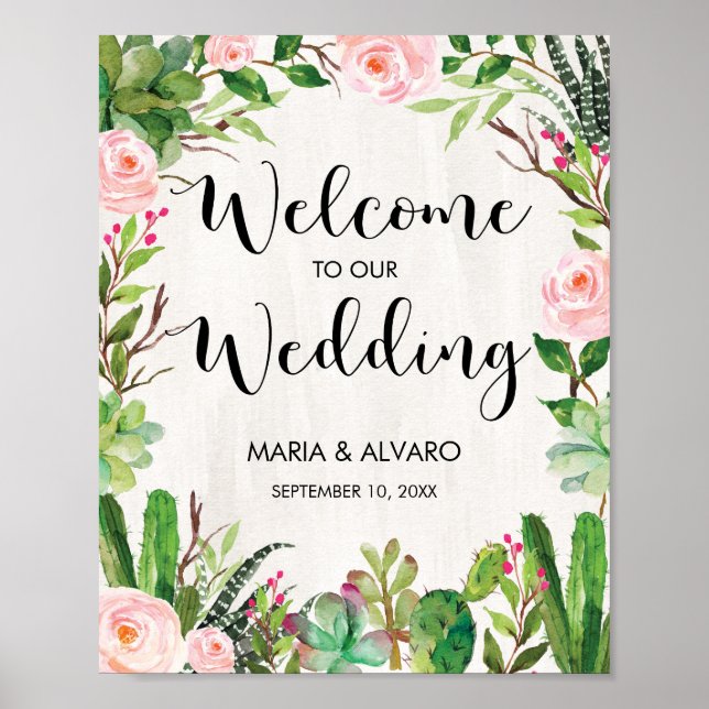 Fiesta Wedding Welcome Sign Floral Cactus Poster (Front)