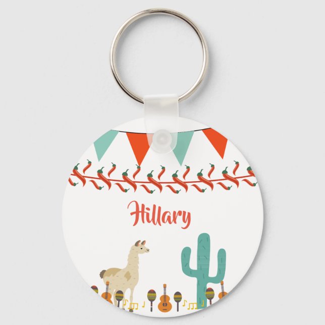 Fiesta with lama cactus mexican style name keychain (Front)