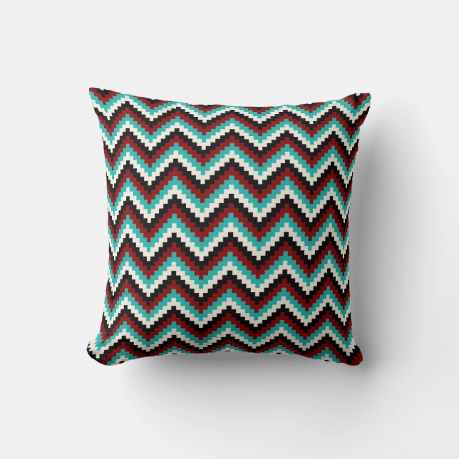 Fiesta Zigzag Chevron Pattern Black Red Turquoise Throw Pillow (Front)