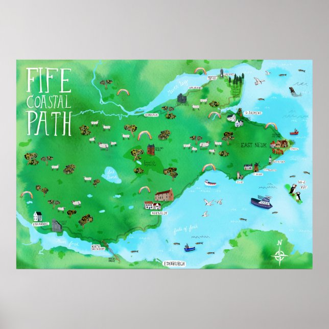 Fife Coastal Path Illustrated Map Watercolor Art Poster (Front)