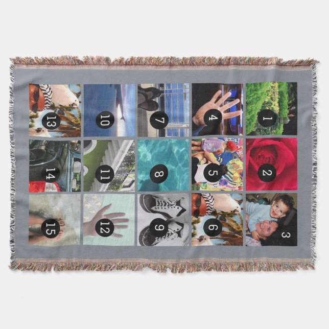 Fifteen of Your Photos Grey Make Your Own Original Throw Blanket (Front)