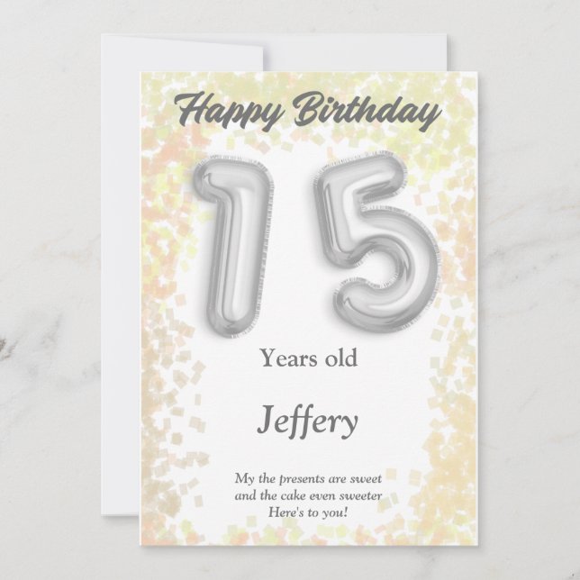 Fifteen year old Happy Birthday card (Front)