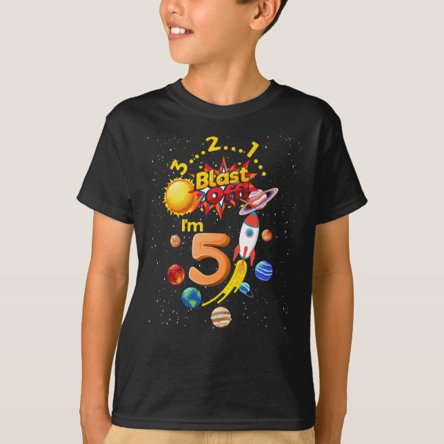 Fifth Birthday Blast Off 5 Astronaut Rocket T-Shirt (Front)