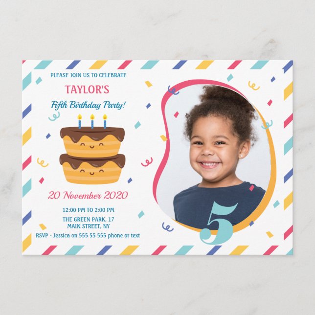 Fifth birthday party invitation  with photo (Front)