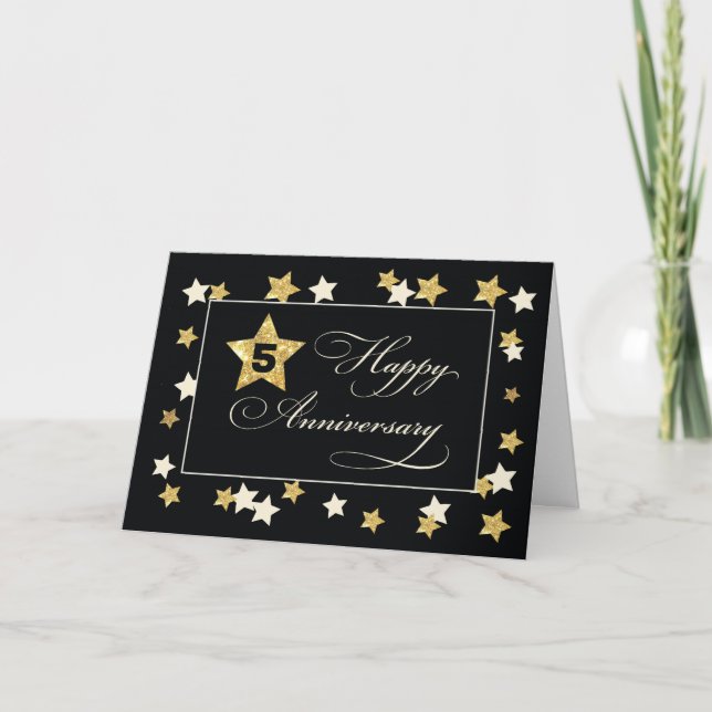 Fifth Employee Anniversary Black Gold Effect Stars Card (Front)