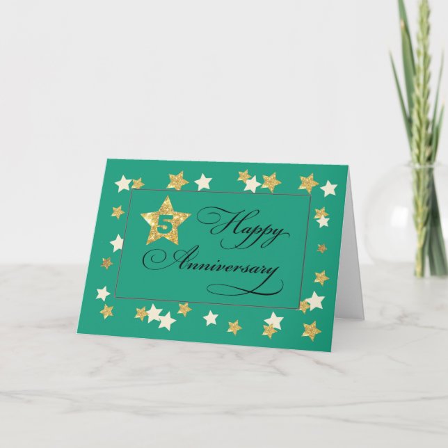 Fifth Employee Anniversary Green Gold Effect Stars Card (Front)