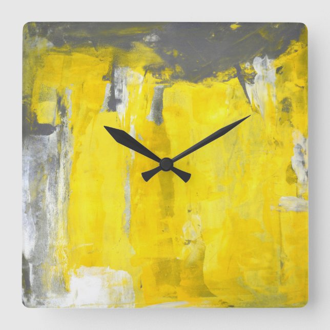 'Fifth' Grey and Yellow Abstract Art Square Wall Clock (Front)