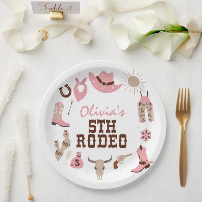 Fifth Rodeo Pink Western Cowboy 5th Birthday Paper Plate (Wedding)