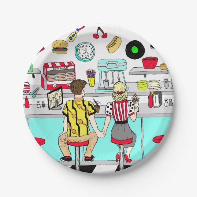 Fifties Diner Nostalgic Couple Holding Hands Art Paper Plate (Front)