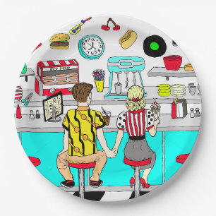 Fifties Diner Nostalgic Couple Holding Hands Art Paper Plate