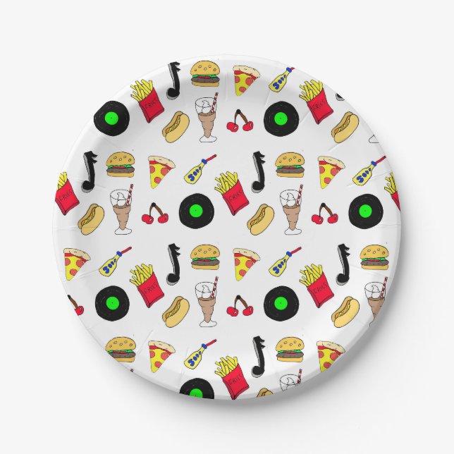 Fifties Diner Nostalgic Style Records, Food Paper Plate (Front)