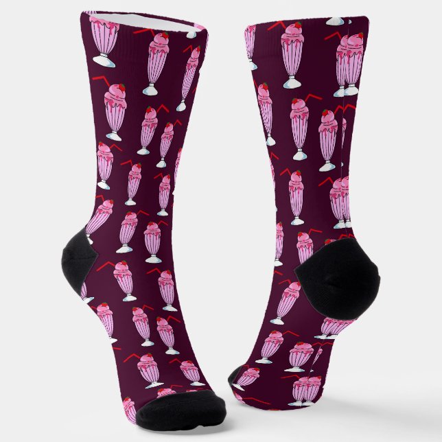 Fifties Pink Strawberry Milkshake Pattern Socks (Angled)