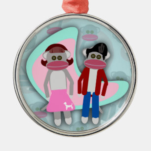 Fifties Sock Hop Sock Monkeys Metal Ornament