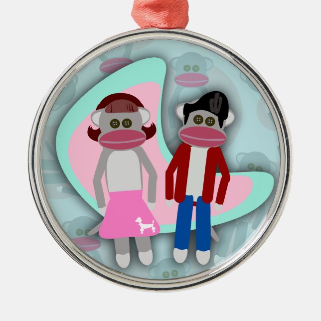 Fifties Sock Hop Sock Monkeys Retro Art Cartoon Metal Ornament (Front)