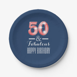 Fiftieth 50th birthday men red blue paper plate