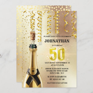 Fiftieth gold glitter sparkling wine elegant party invitation
