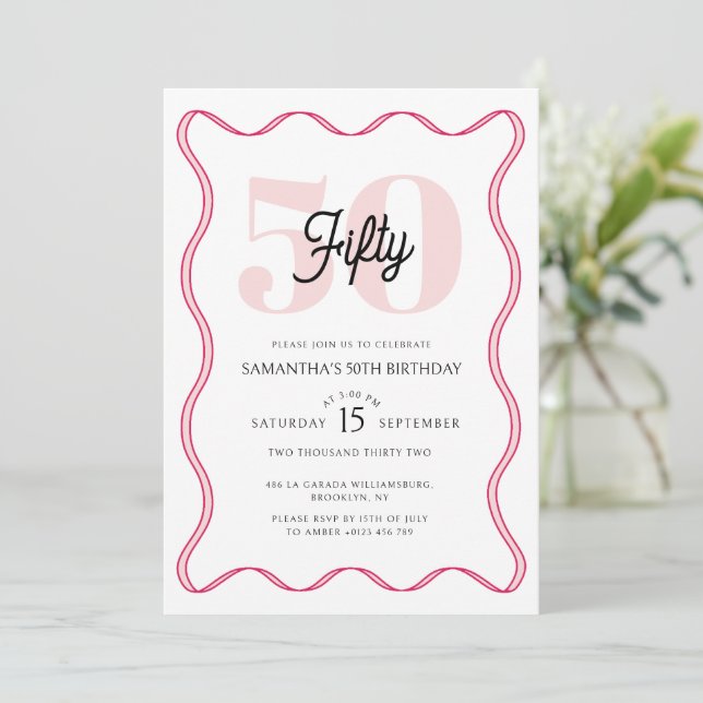Fiftieth Retro Wavy Borders 50th Birthday  Invitation (Standing Front)