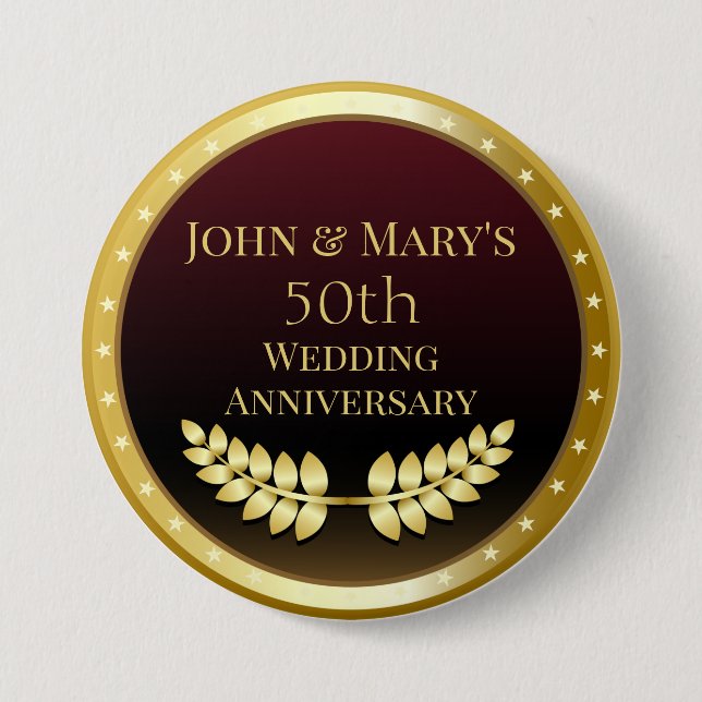Fiftieth Wedding Anniversary Gold Medal 3 Inch Round Button (Front)