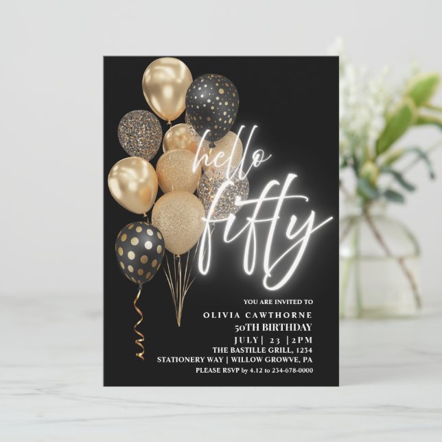Fifty 50th Birthday Balloons Black and gold Invitation (Standing Front)