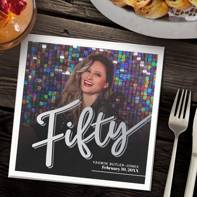 Fifty 50th Birthday custom photo script silver Napkin (Creator Uploaded)