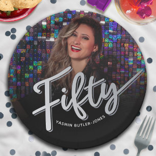 Fifty 50th Birthday custom photo silver colour Paper Plate