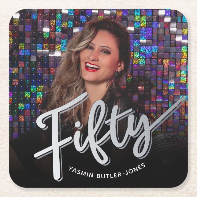 Fifty 50th Birthday custom photo silver colour Square Paper Coaster (Front)