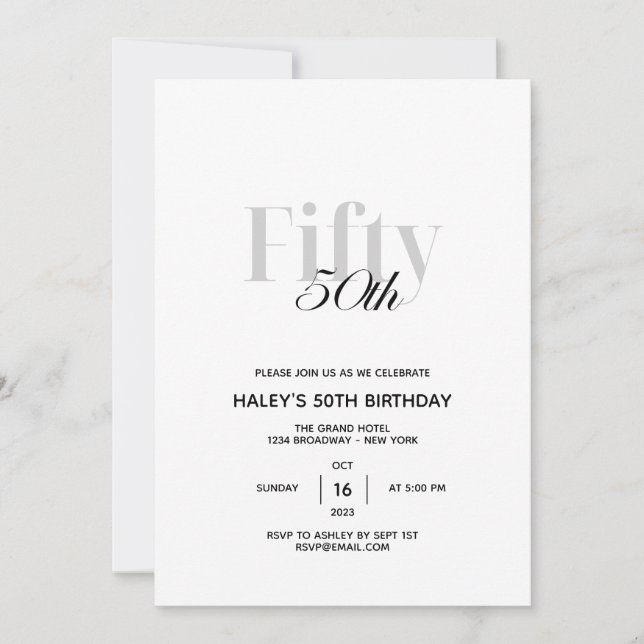 Fifty - 50th Birthday Elegant Chic Black & White Invitation (Front)