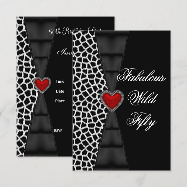 Fifty 50th Birthday Party Red Zebra Wild Black 4a Invitation (Front/Back)