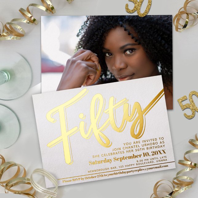 Fifty 50th Birthday party white with gold script (Creator Uploaded)