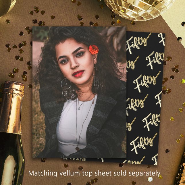 Fifty 50th Birthday photo black gold background Invitation (Creator Uploaded)