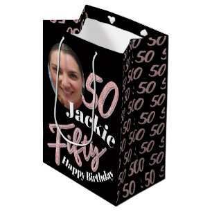 Fifty 50th Birthday photo script rose pink custom  Medium Gift Bag