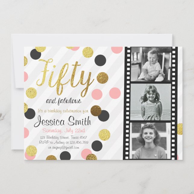 Fifty and Fabulous 50 Gold Glitter Birthday Invite (Front)