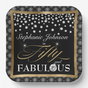 Fifty and Fabulous 50th Birthday Black Gold Chic Paper Plate