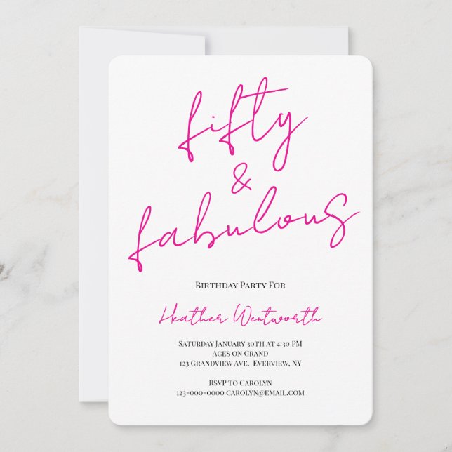 Fifty and Fabulous 50th Birthday Hot Pink Script Invitation (Front)