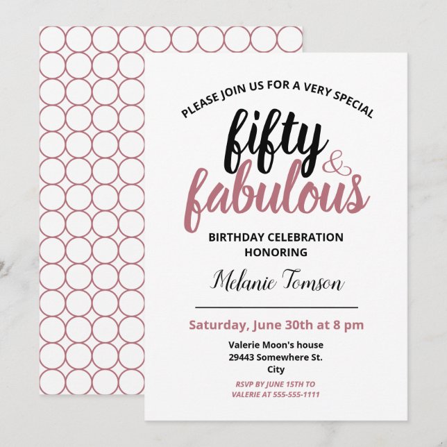 Fifty and Fabulous 50th Birthday Party Rose Gold Invitation (Front/Back)