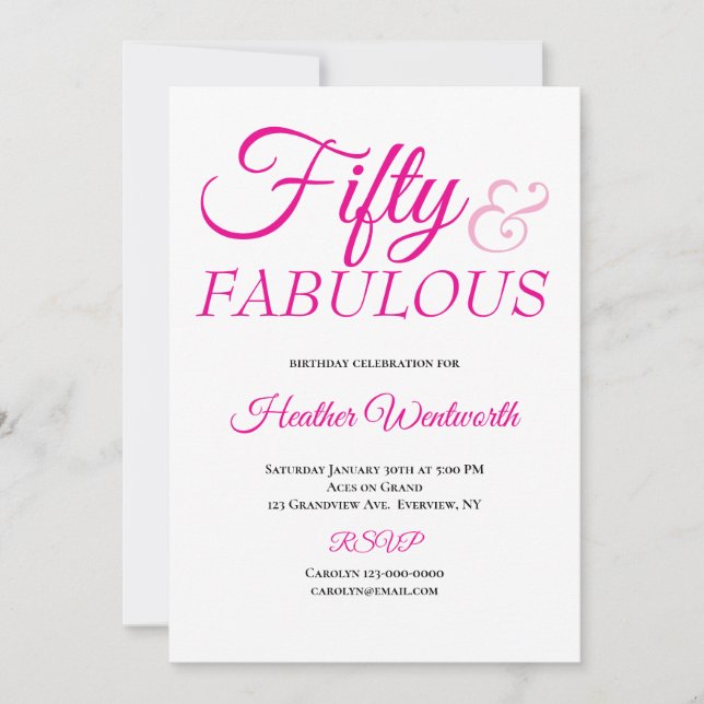 Fifty and Fabulous 50th Birthday Pink Script Invitation (Front)