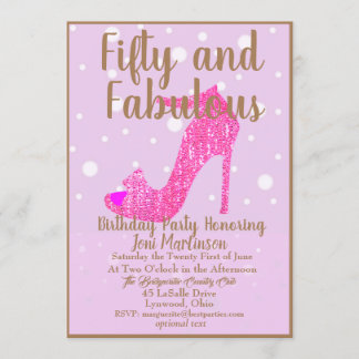 Fifty and Fabulous Birthday Party Hot Pink Glitter Invitation